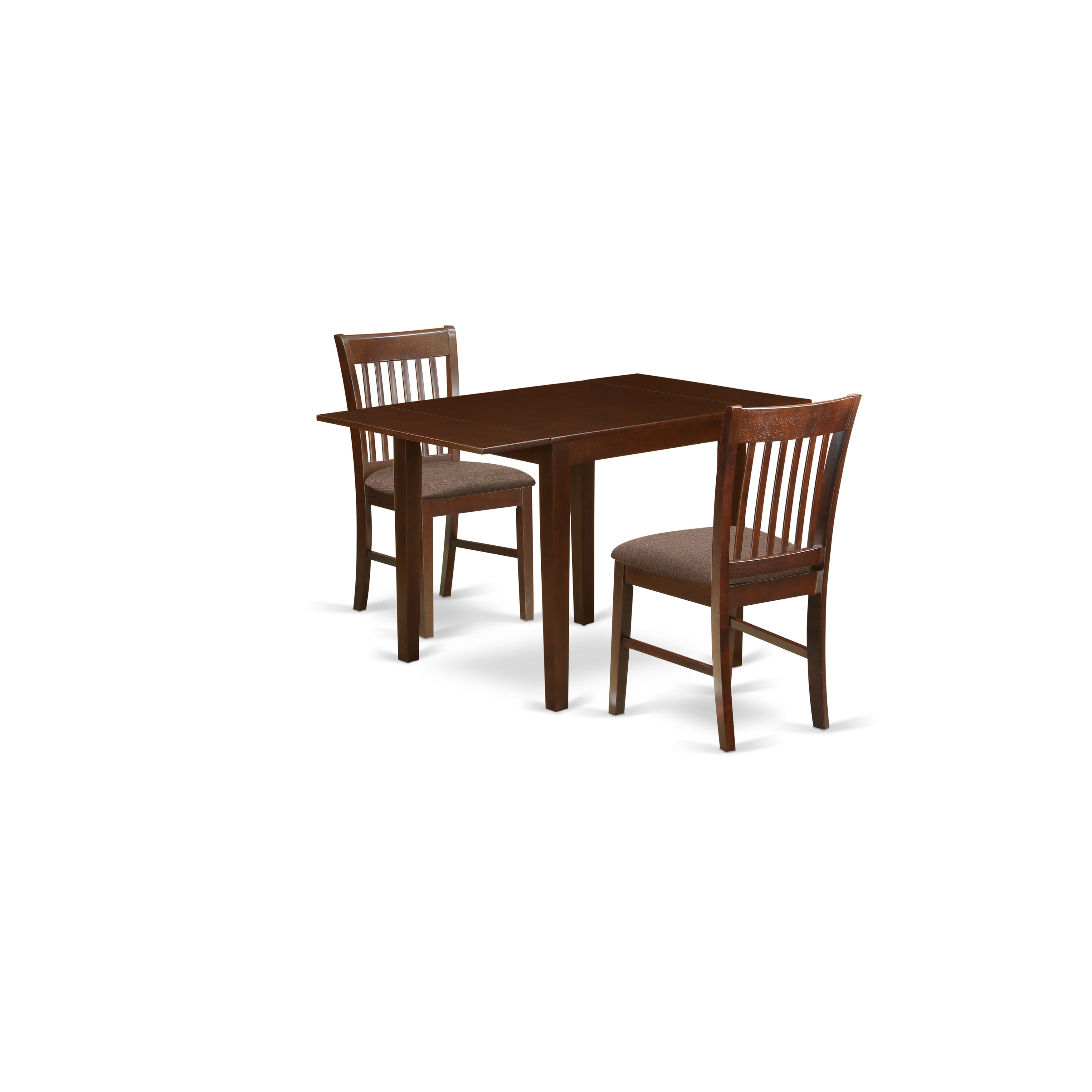 Juego de comedor de 3 piezas NDNO3-MAH-C de East West Furniture para espacios pequeños. Incluye una mesa de comedor rectangular con alas abatibles y dos sillas de comedor de cocina de tela de lino.