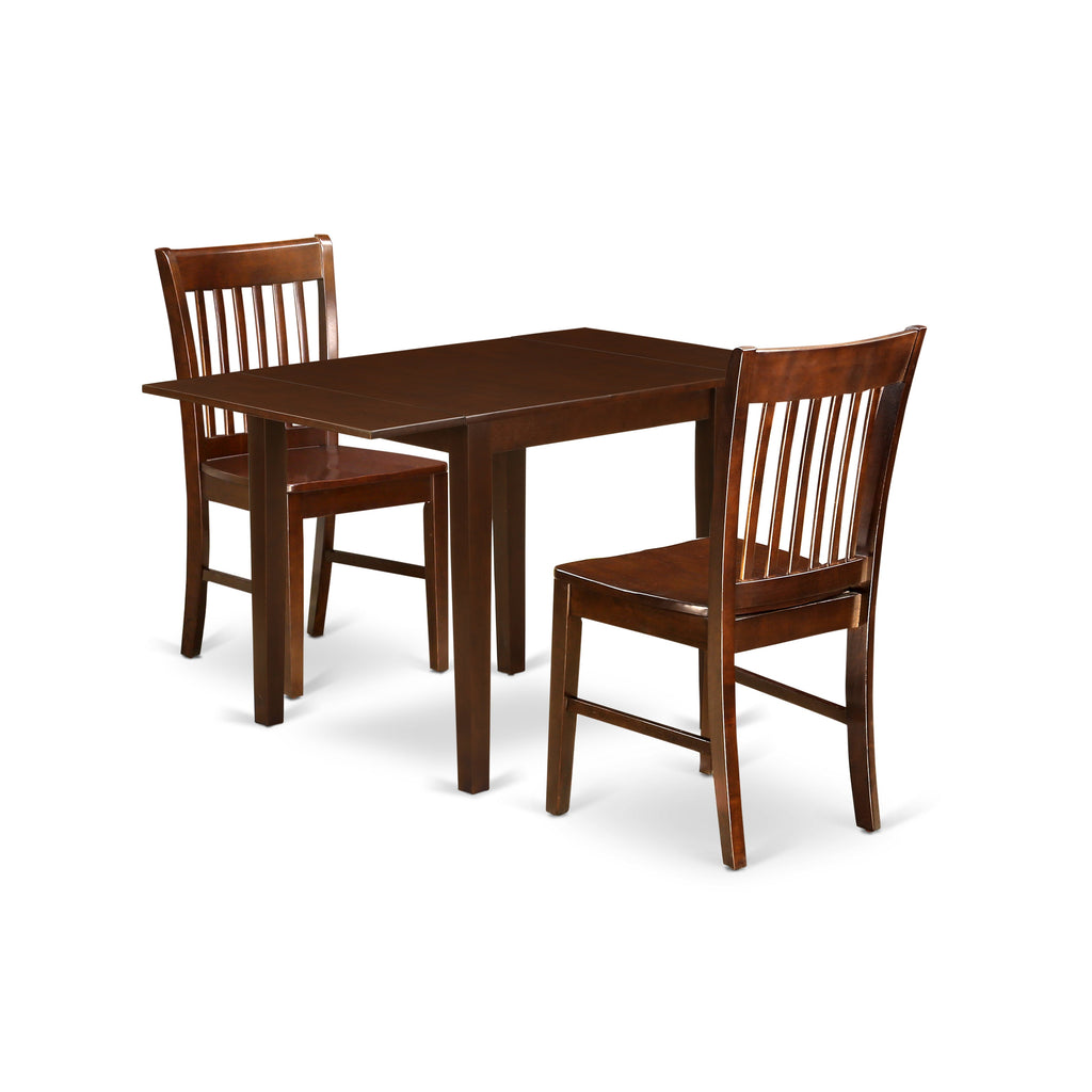 East West Furniture NDNO3-MAH-W 3 Piece Kitchen Table Set for Small Spaces Contains a Rectangle Dining Table with Dropleaf and 2 Dining Room Chairs