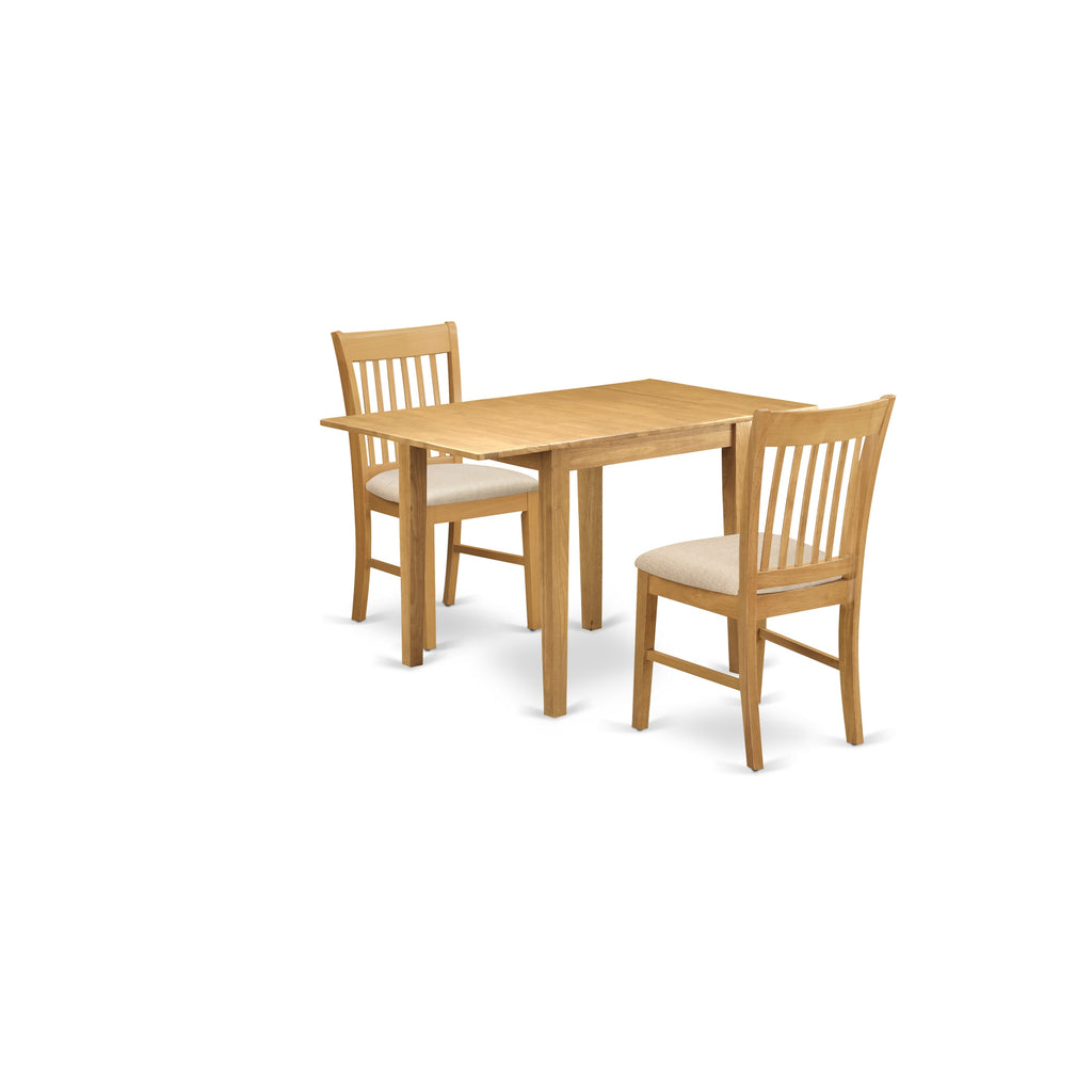 East West Furniture NDNO3-OAK-C 3 Piece Dining Set Contains a Rectangle Dining Room Table with Dropleaf and 2 Linen Fabric Upholstered Kitchen Chairs