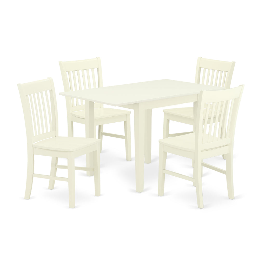 Juego de comedor de 5 piezas East West Furniture NDNO5-LWH-W para 4 personas. Incluye una mesa de comedor rectangular con alas abatibles y 4 sillas de comedor.