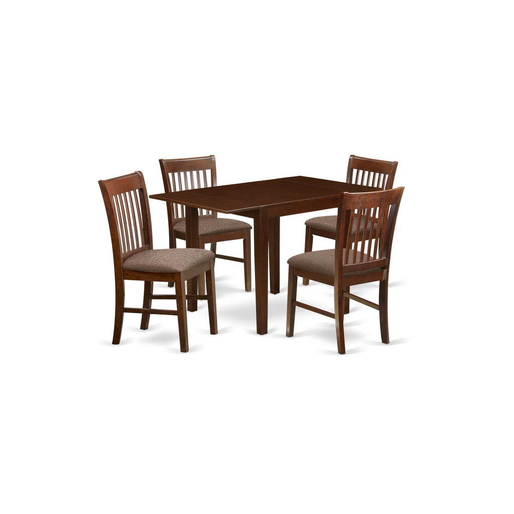 East West Furniture NDNO5-MAH-C 5 Piece Kitchen Table Set for 4 Includes a Rectangle Dining Table with Dropleaf and 4 Linen Fabric Dining Room Chairs