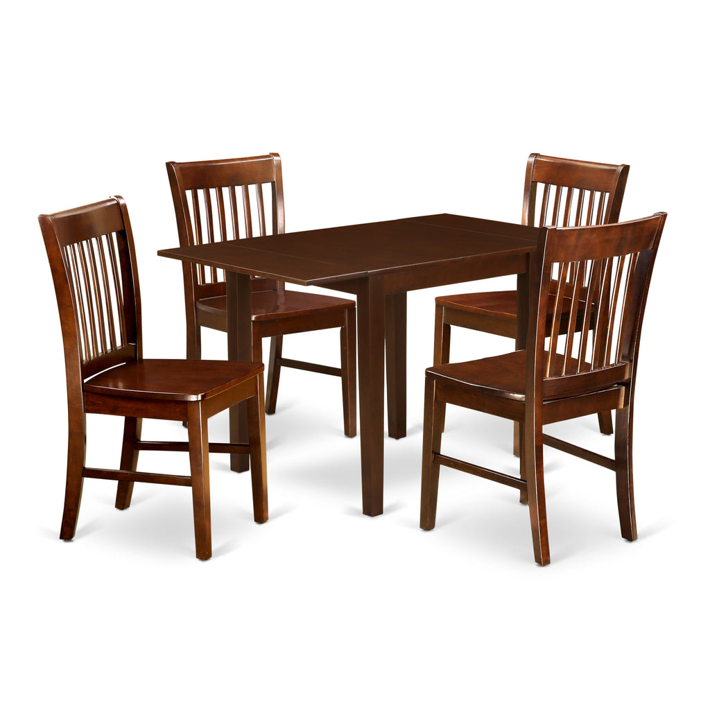 East West Furniture NDNO5-MAH-W 5 Piece Dining Room Table Set Includes a Rectangle Dining Table with Dropleaf and 4 Wood Seat Chairs
