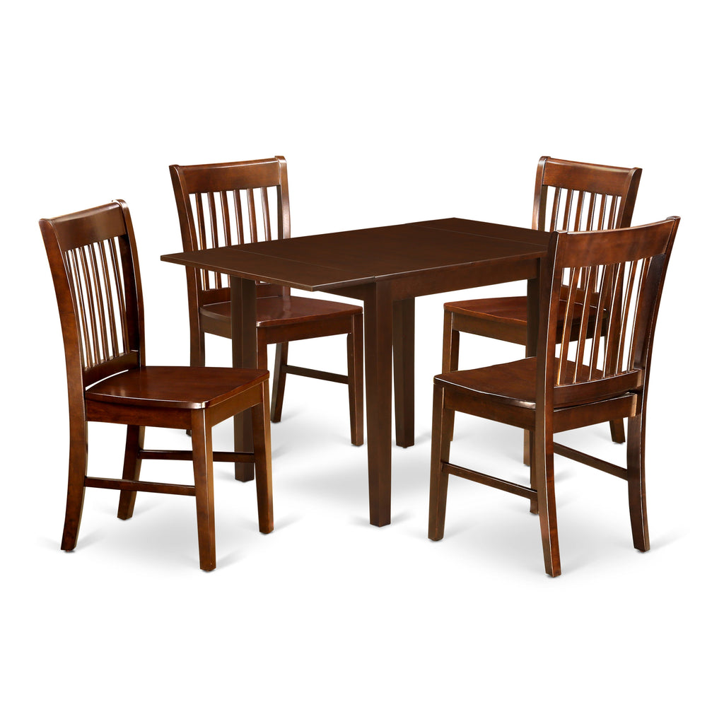 East West Furniture NDNO5-MAH-W 5 Piece Dining Room Table Set Includes a Rectangle Dining Table with Dropleaf and 4 Wood Seat Chairs, 30x48 Inch, Mahogany