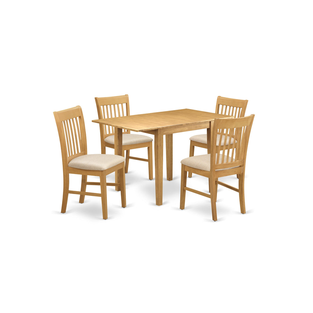 East West Furniture NDNO5-OAK-C 5 Piece Modern Dining Table Set Includes a Rectangle Wooden Table with Dropleaf and 4 Linen Fabric Dining Room Chairs