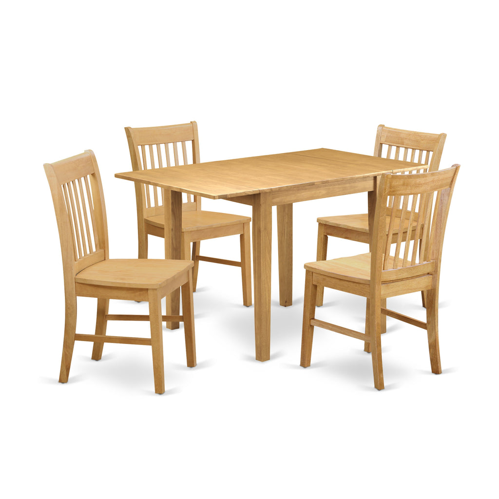 East West Furniture NDNO5-OAK-W 5 Piece Modern Dining Table Set Includes a Rectangle Wooden Table with Dropleaf and 4 Dining Chairs