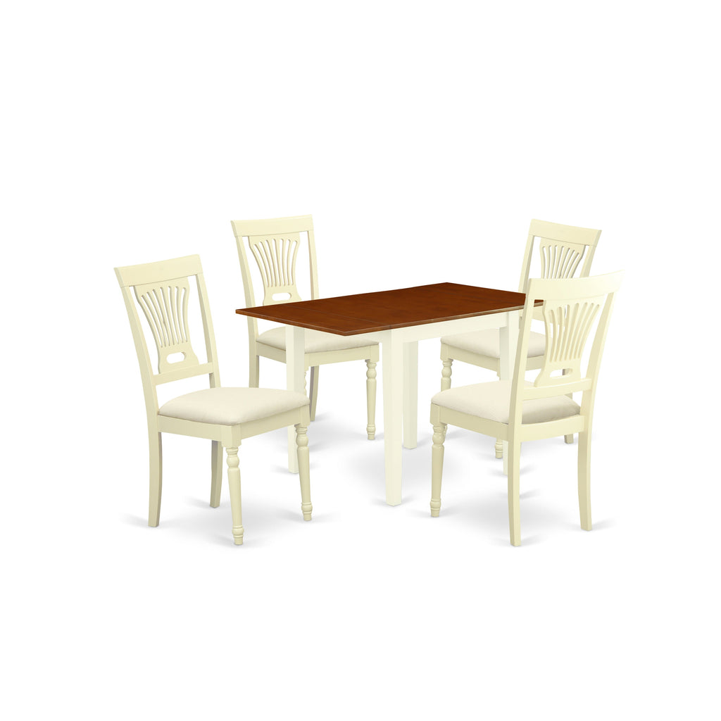 Juego de comedor de 5 piezas East West Furniture NDPL5-WHI-C. Incluye una mesa de comedor rectangular con alas abatibles y 4 sillas tapizadas en tela de lino.