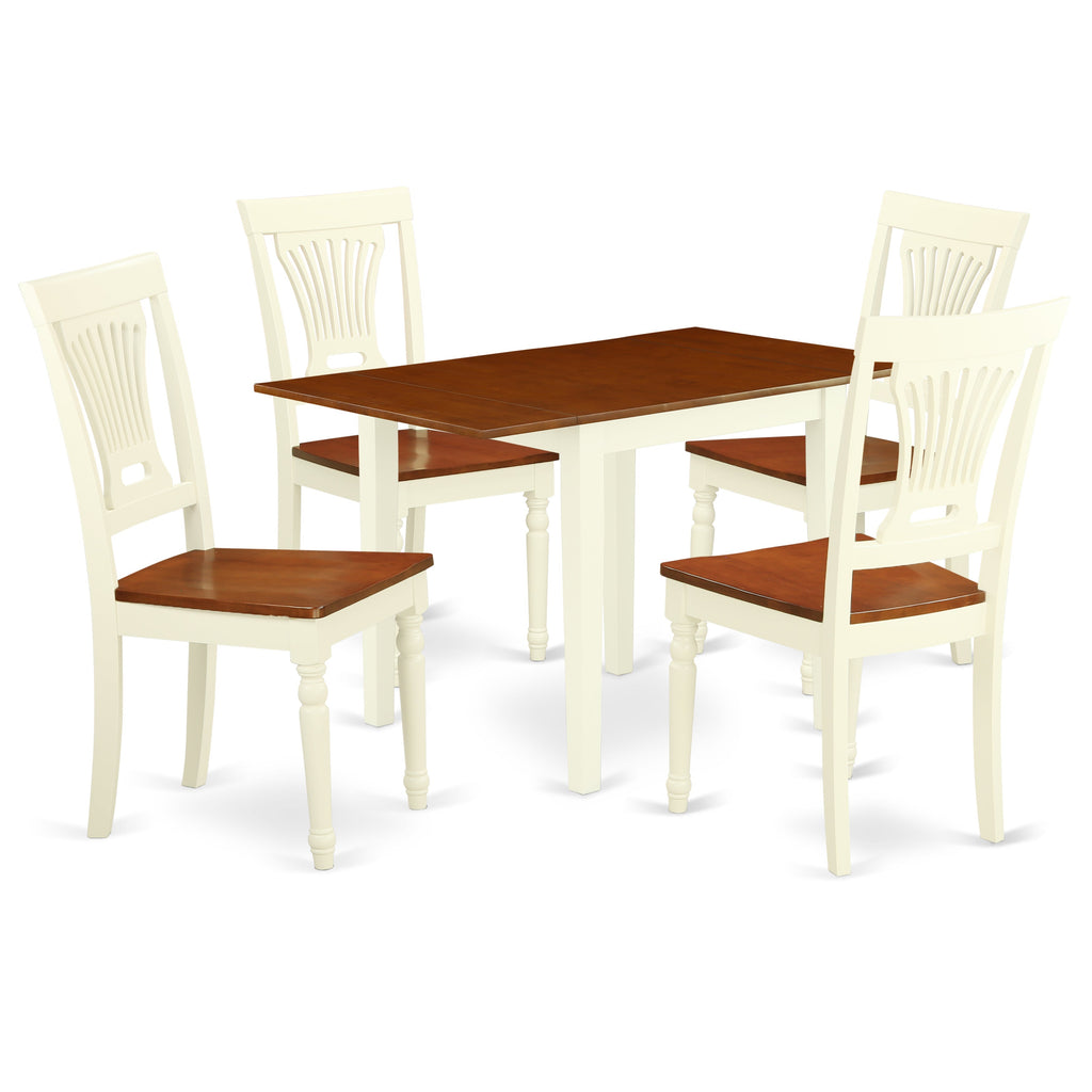 El juego de mesa de comedor de 5 piezas NDPL5-WHI-W de East West Furniture incluye una mesa de cocina rectangular con alas abatibles y 4 sillas de comedor.