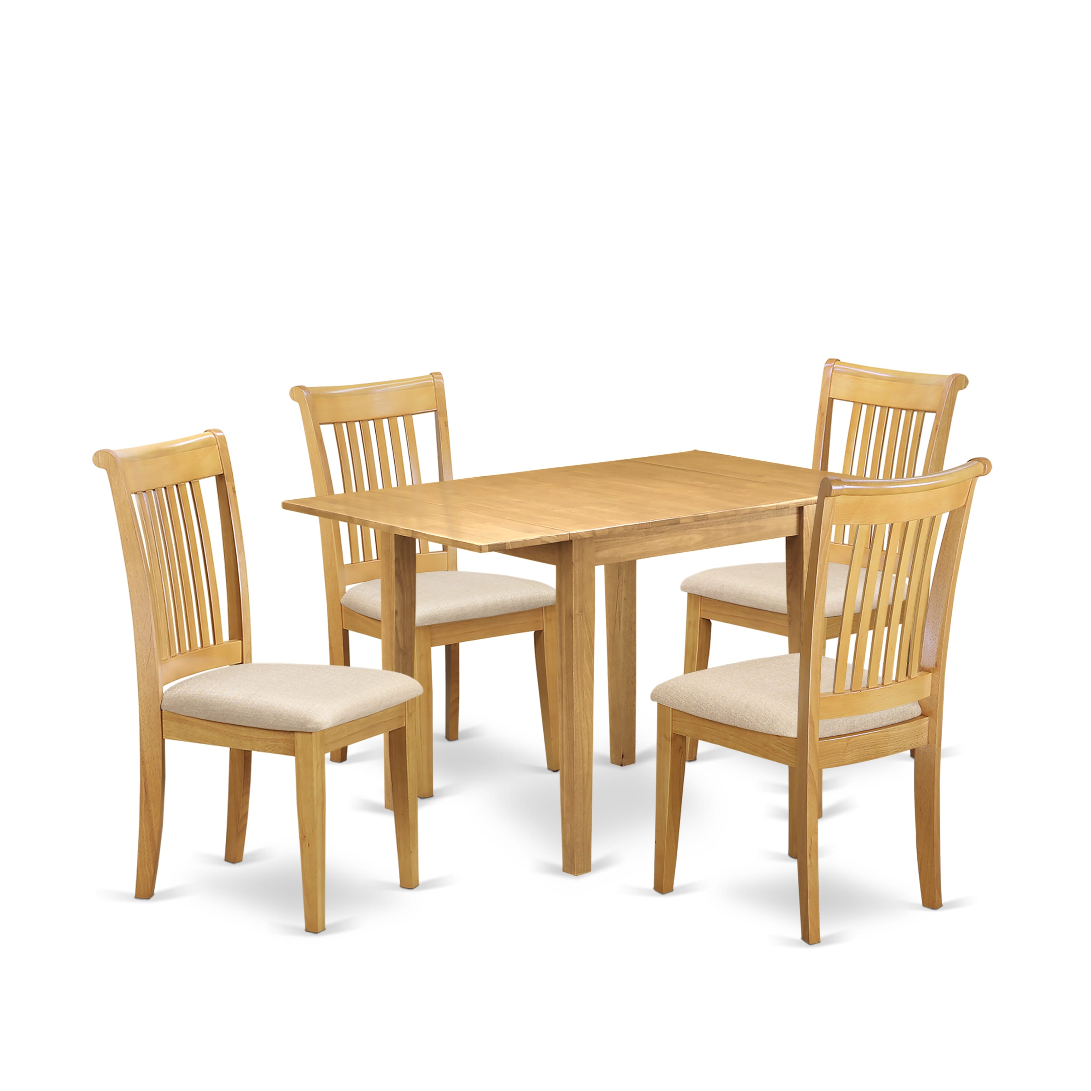 Juego de mesa y sillas de cocina de 5 piezas NDPO5-OAK-C de East West Furniture. Incluye una mesa de comedor rectangular con alas abatibles y 4 sillas tapizadas en tela de lino.