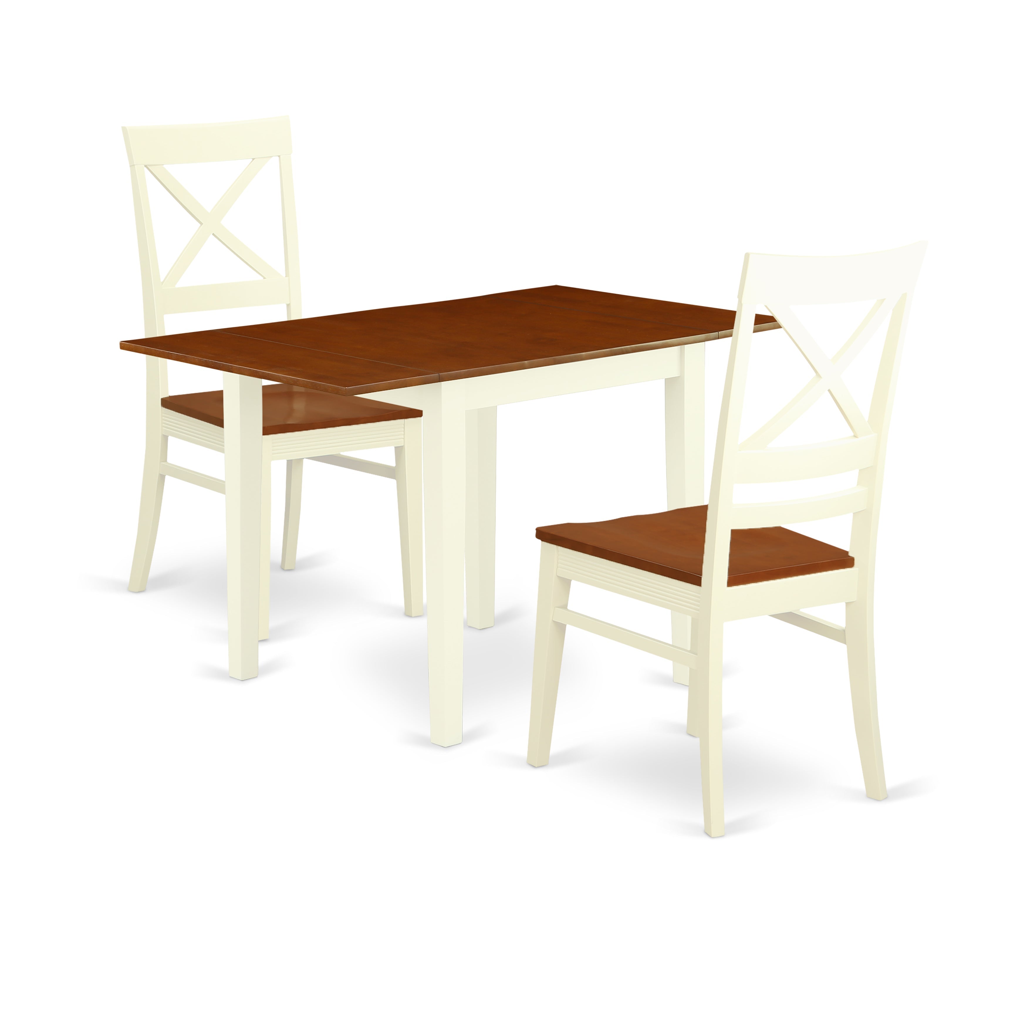 Juego de mesa de comedor de 3 piezas East West Furniture NDQU3-WHI-W para espacios pequeños. Incluye una mesa de comedor rectangular con alas abatibles y dos sillas con asiento de madera.