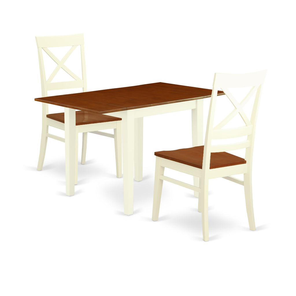 East West Furniture NDQU3-WHI-W 3 Piece Dining Table Set for Small Spaces Contains a Rectangle Dining Room Table with Dropleaf and 2 Wood Seat Chairs, 30x48 Inch, Buttermilk & Cherry