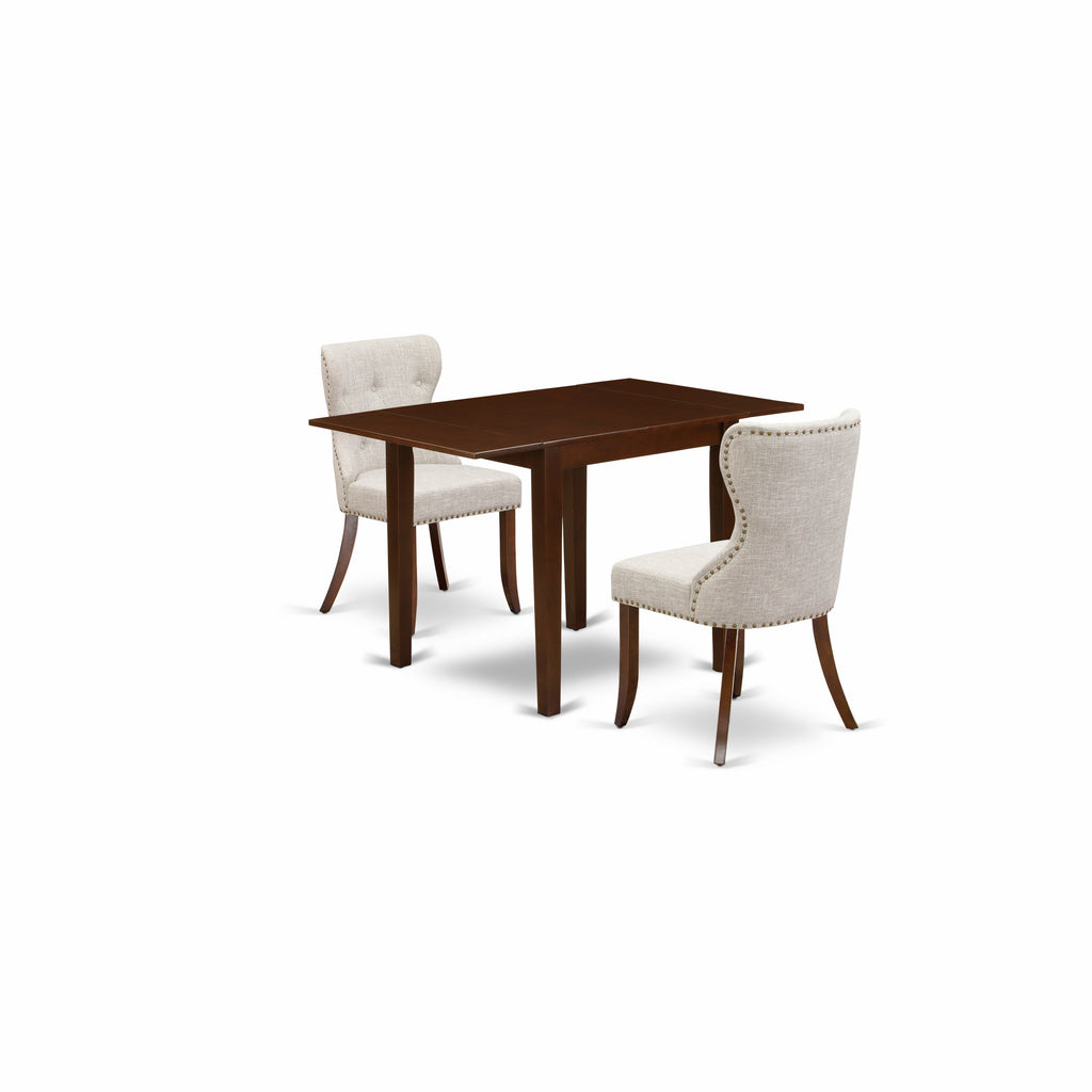 East West Furniture NDSI3-MAH-35 3 Piece Kitchen Table Set Contains a Rectangle Dining Room Table with Dropleaf and 2 Doeskin Linen Fabric Parson Dining Chairs, 30x48 Inch, Mahogany