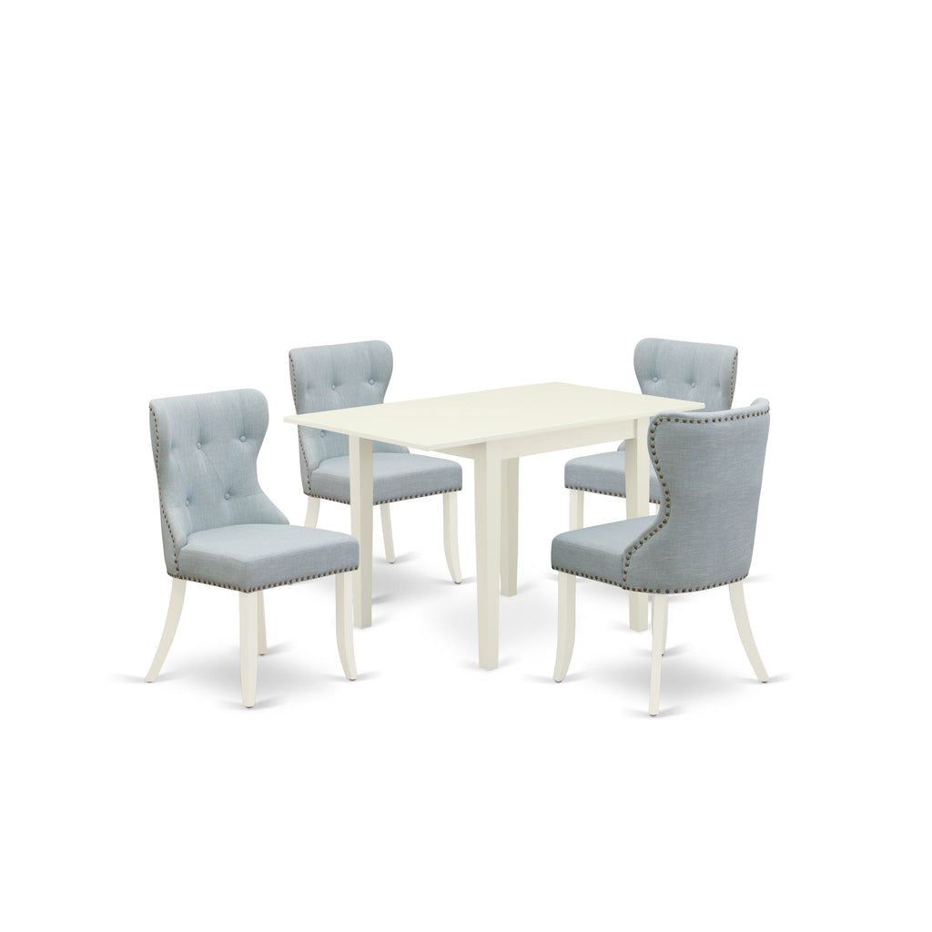 East West Furniture NDSI5-LWH-15 5 Piece Dinette Set Includes a Rectangle Dining Room Table with Dropleaf and 4 Baby Blue Linen Fabric Parsons Dining Chairs, 30x48 Inch, Linen White