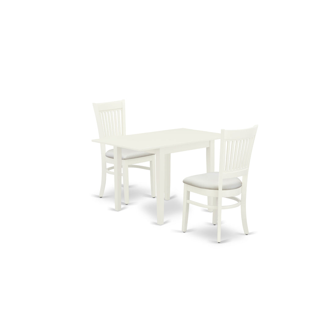 East West Furniture NDVA3-LWH-C 3 Piece Kitchen Table & Chairs Set Contains a Rectangle Dining Room Table with Dropleaf and 2 Linen Fabric Upholstered Chairs, 30x48 Inch, Linen White