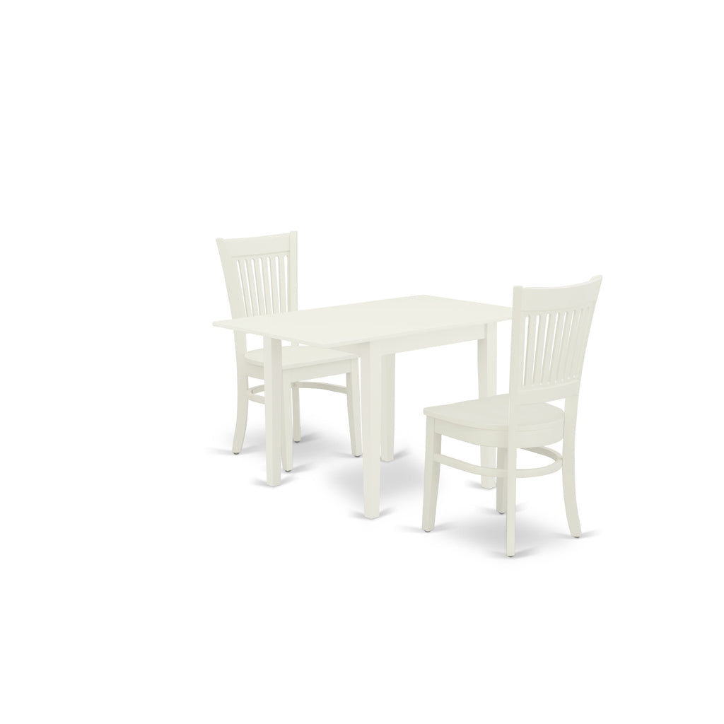 East West Furniture NDVA3-LWH-W 3 Piece Modern Dining Table Set Contains a Rectangle Wooden Table with Dropleaf and 2 Dining Chairs, 30x48 Inch, Linen White