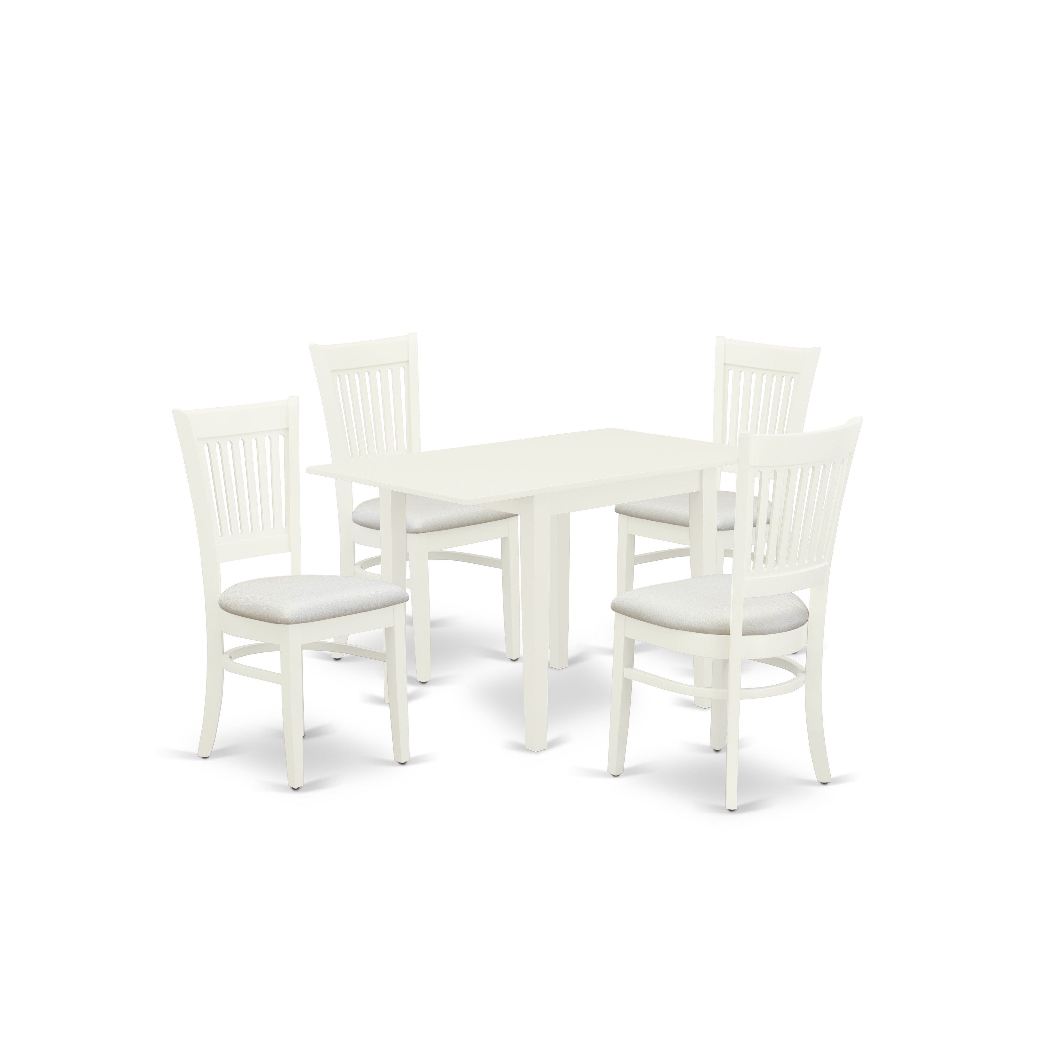 Juego de mesa de comedor moderna de 5 piezas East West Furniture NDVA5-LWH-C. Incluye una mesa rectangular de madera con alas abatibles y 4 sillas de comedor de tela de lino.