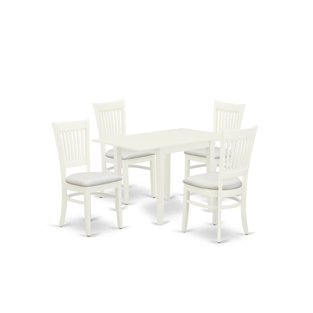 East West Furniture NDVA5-LWH-C 5 Piece Modern Dining Table Set Includes a Rectangle Wooden Table with Dropleaf and 4 Linen Fabric Dining Room Chairs, 30x48 Inch, Linen White