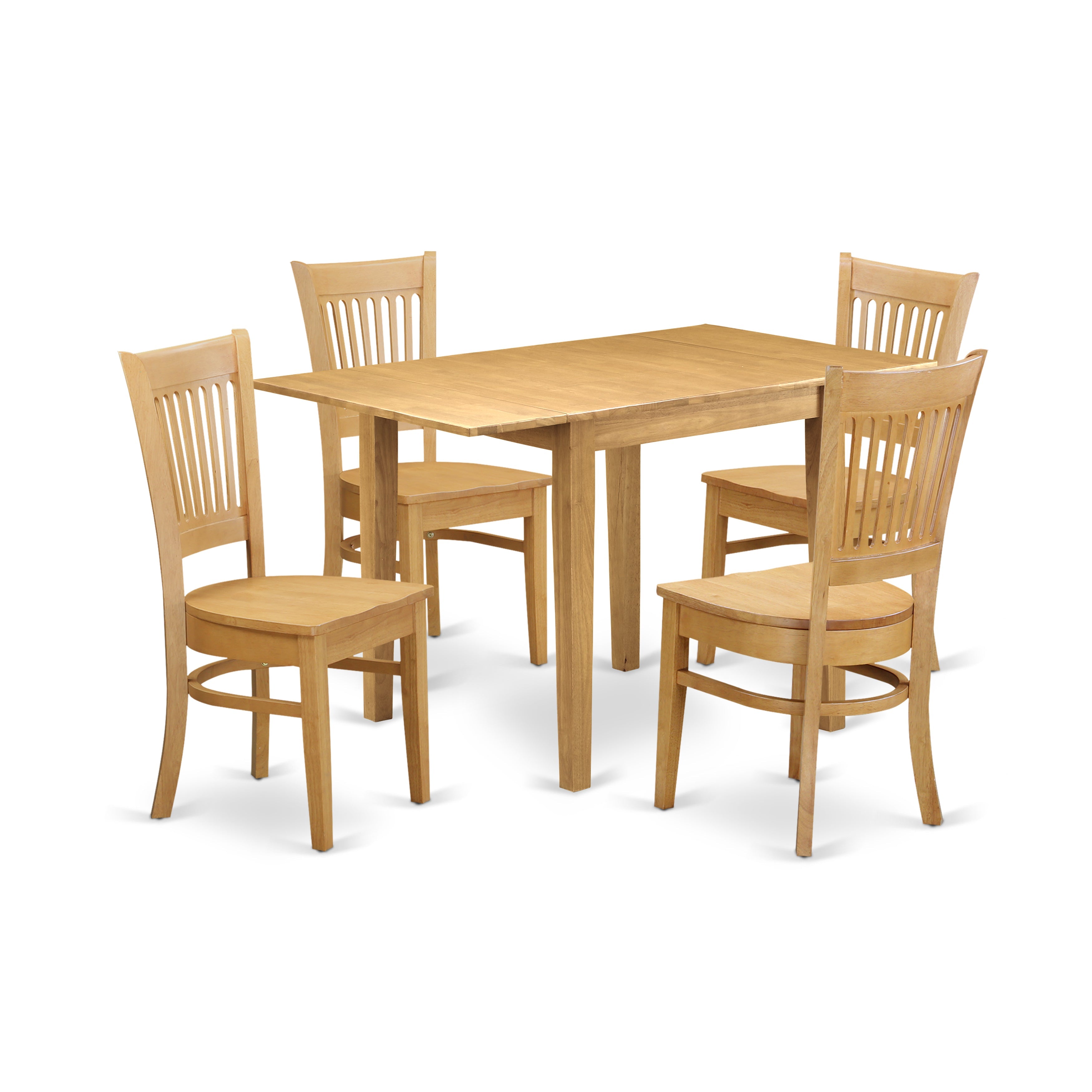 Juego de comedor de 5 piezas East West Furniture NDVA5-OAK-W. Incluye una mesa de comedor rectangular con alas abatibles y 4 sillas con asiento de madera.