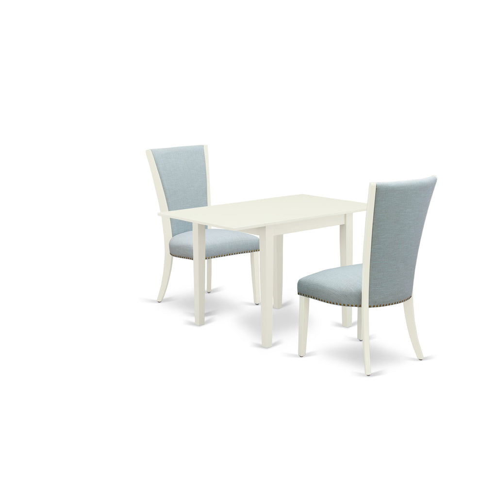 East West Furniture NDVE3-LWH-15 3 Piece Dining Set Contains a Rectangle Dining Room Table with Dropleaf and 2 Baby Blue Linen Fabric Upholstered Parson Chairs, 30x48 Inch, Linen White