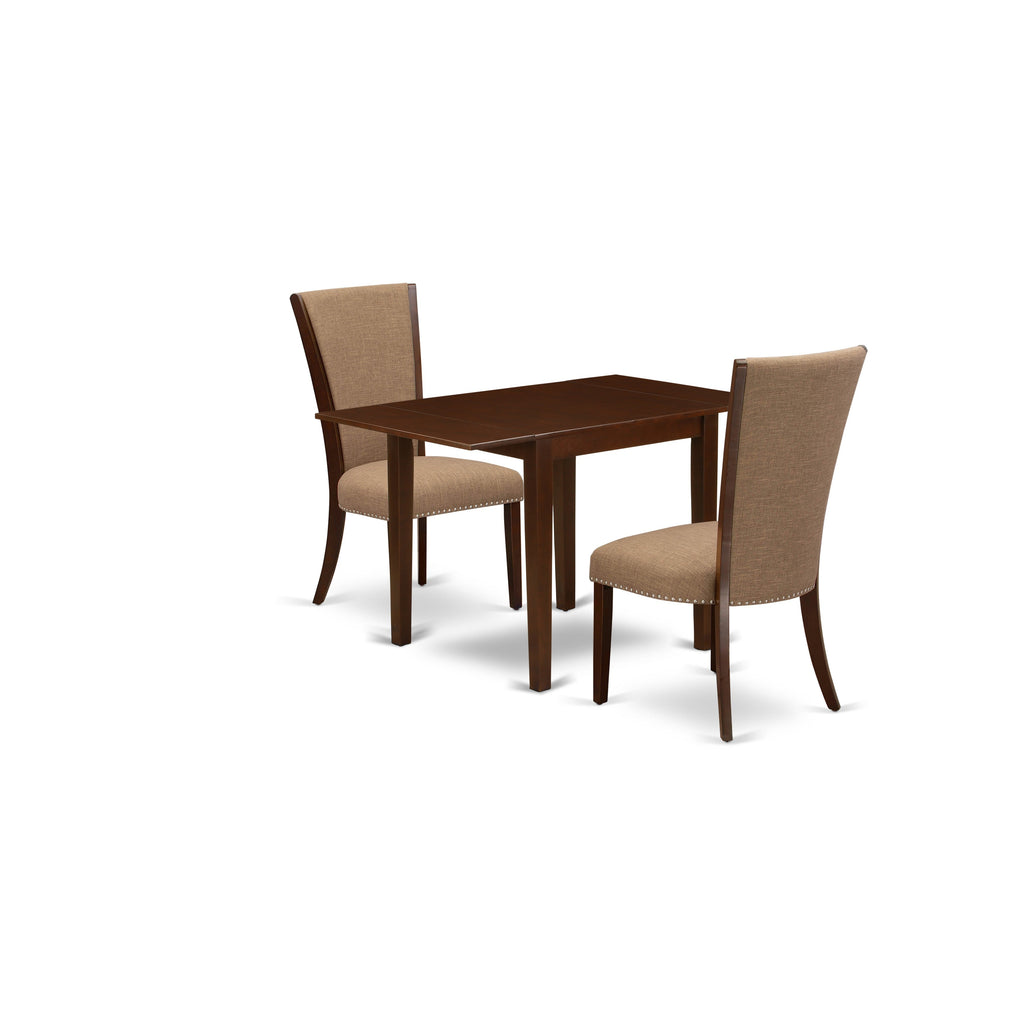East West Furniture NDVE3-MAH-47 3 Piece Modern Dining Table Set Contains a Rectangle Wooden Table with Dropleaf and 2 Light Sable Linen Fabric Upholstered Chairs, 30x48 Inch, Mahogany