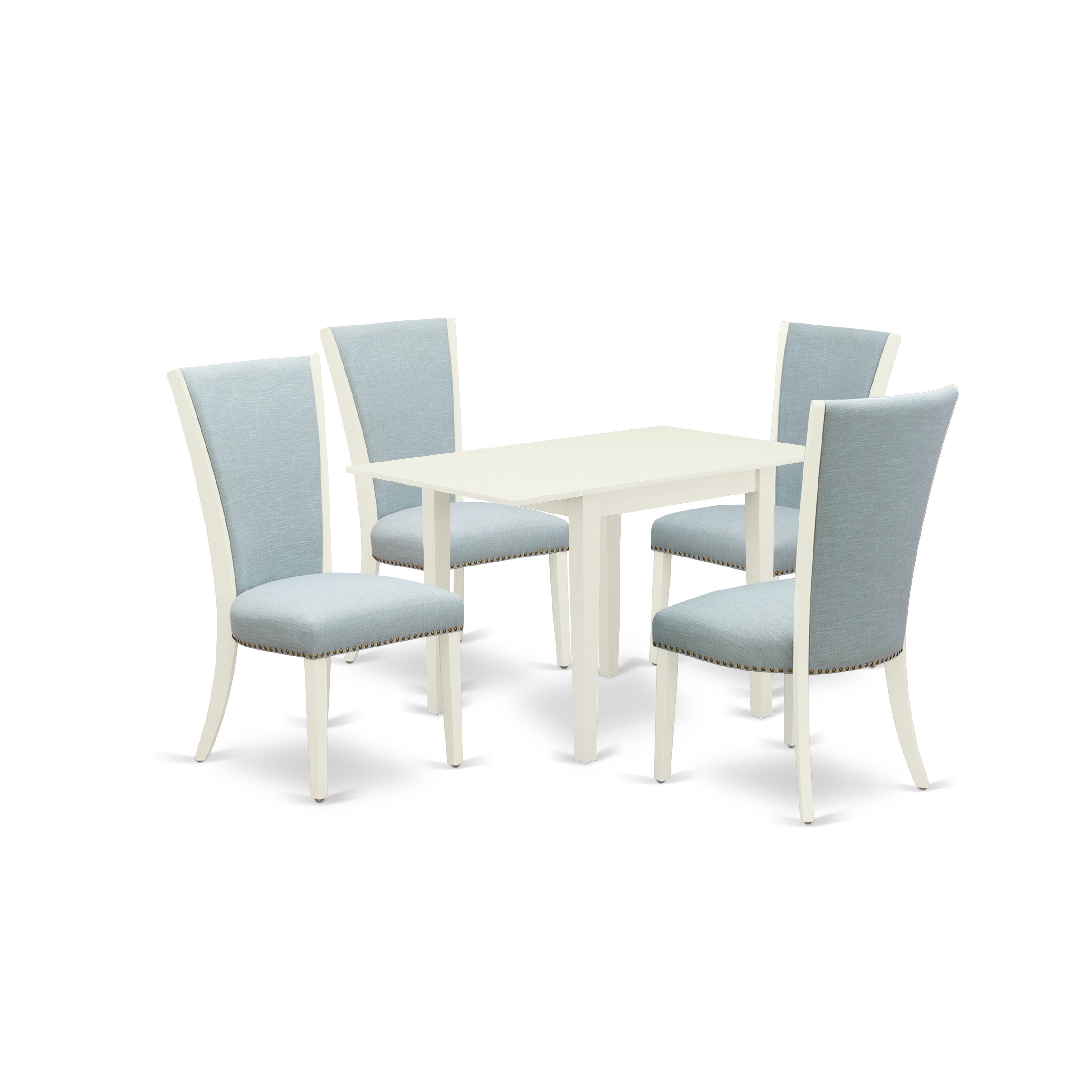 EAST WEST FURNITURE - NDVE5-LWH-15 - 5 Pc Dinette Room Set - 4 Baby Blue Linen Fabric Padded Parson Chairs with High Back and 1 Dropleafs Dining Room Table - linen white Finish