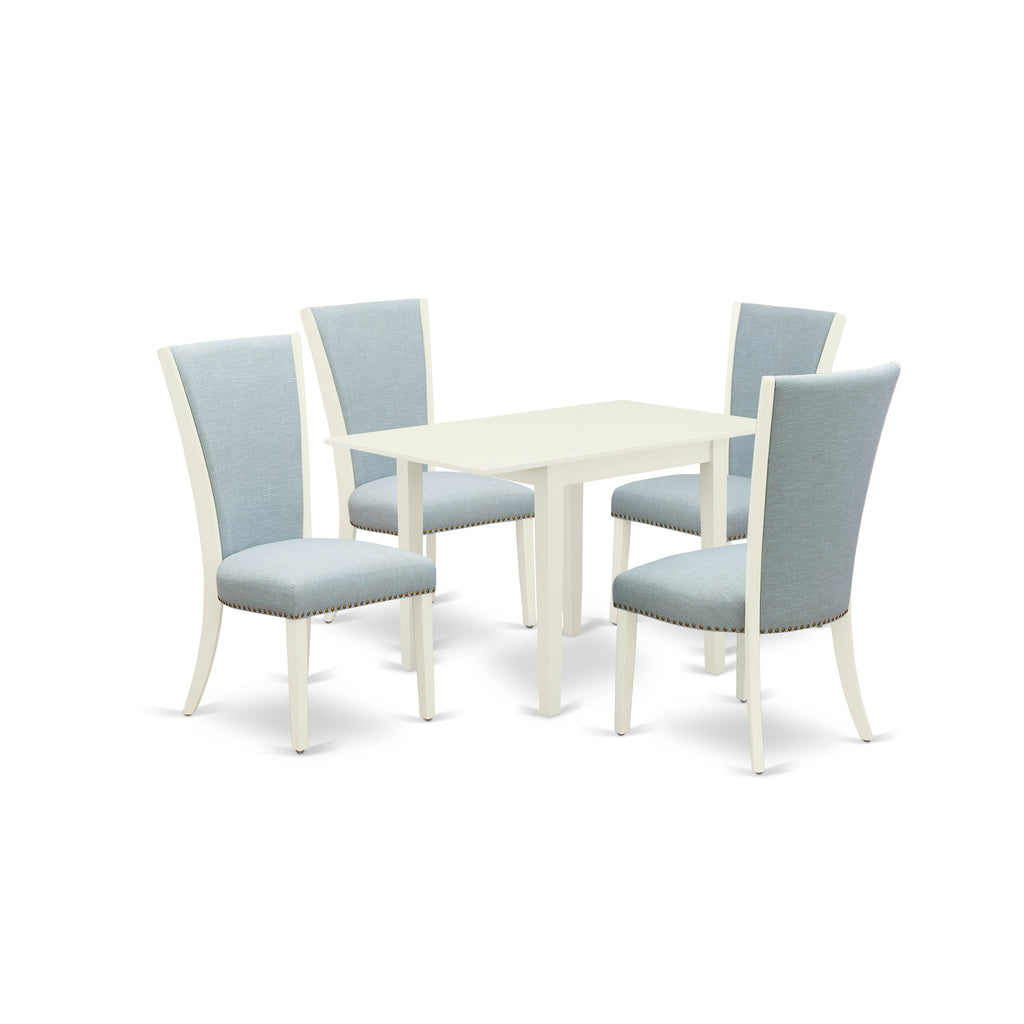 East West Furniture NDVE5-LWH-15 5 Piece Dining Set Includes a Rectangle Dining Room Table with Dropleaf and 4 Baby Blue Linen Fabric Upholstered Parson Chairs, 30x48 Inch, Linen White