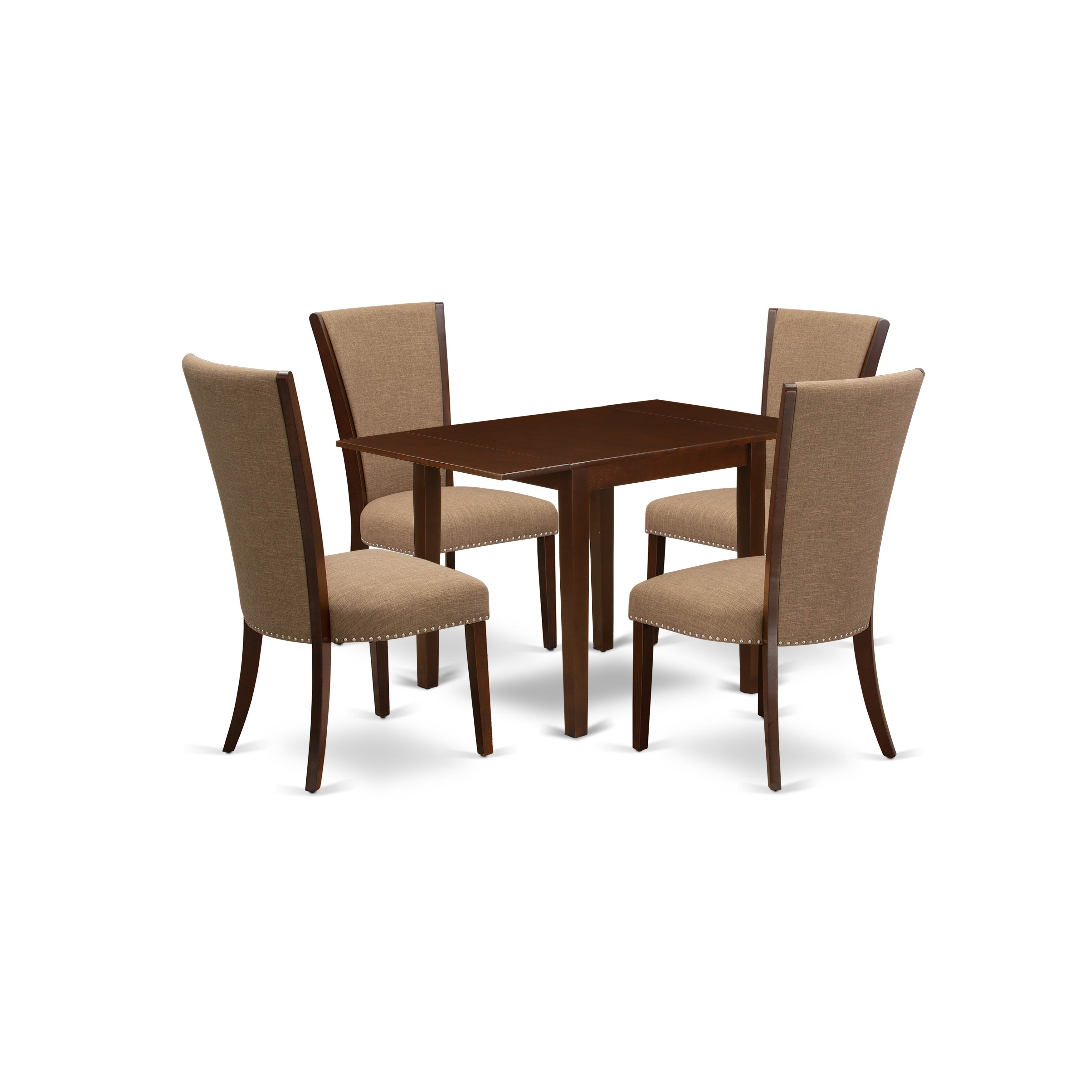 El juego de comedor de 5 piezas East West Furniture NDVE5-MAH-47 incluye una mesa de comedor rectangular con alas abatibles y 4 sillas Parson de tela de lino color sable claro.