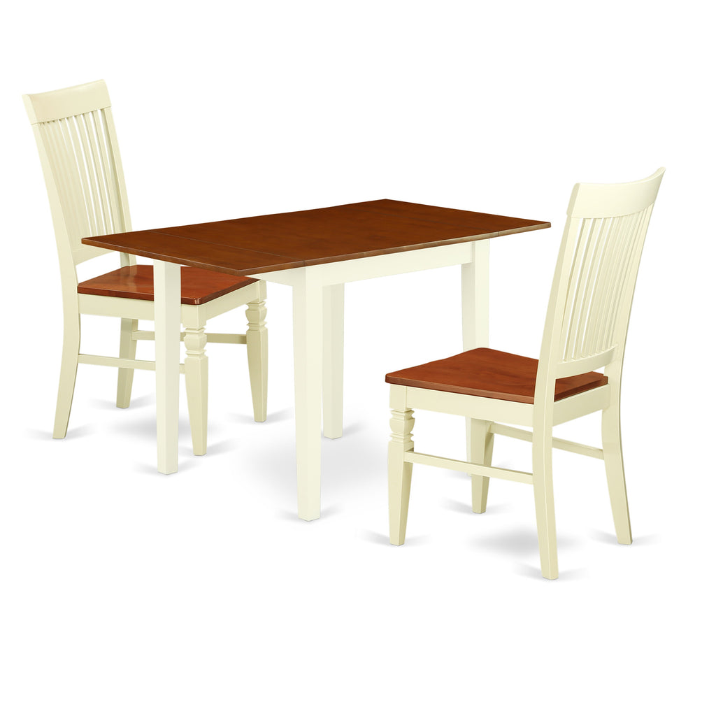 Juego de mesa de comedor de 3 piezas East West Furniture NDWE3-WHI-W para espacios pequeños. Contiene una mesa de comedor rectangular con alas abatibles y 2 sillas con asiento de madera.
