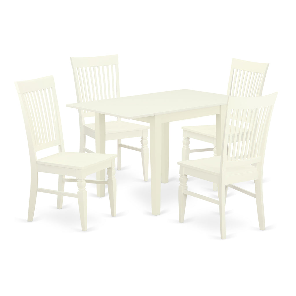 East West Furniture NDWE5-LWH-W 5 Piece Dining Room Table Set Includes a Rectangle Dining Table with Dropleaf and 4 Wood Seat Chairs, 30x48 Inch, Linen White