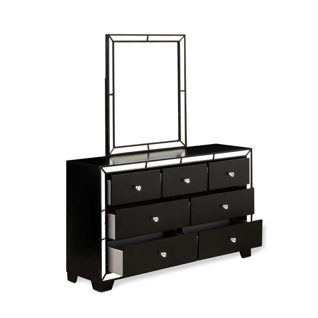 NE11-Q00DMC 4-PC Nella Modern Bedroom Set with Button Tufted Bed Frame - Dresser Wood, Mirror Bedroom and Chest of Drawers - Black Leather Headboard and Black Legs