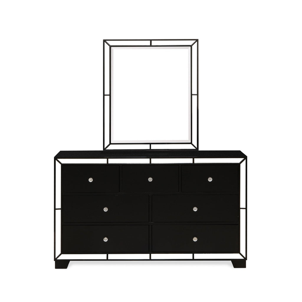 NE11-Q00DM0 3-PC Nella Wooden Set for Bedroom with Button Tufted Queen Size Bed, Mid Century Dresser and Room Mirror - Black Leather Headboard and Black Legs