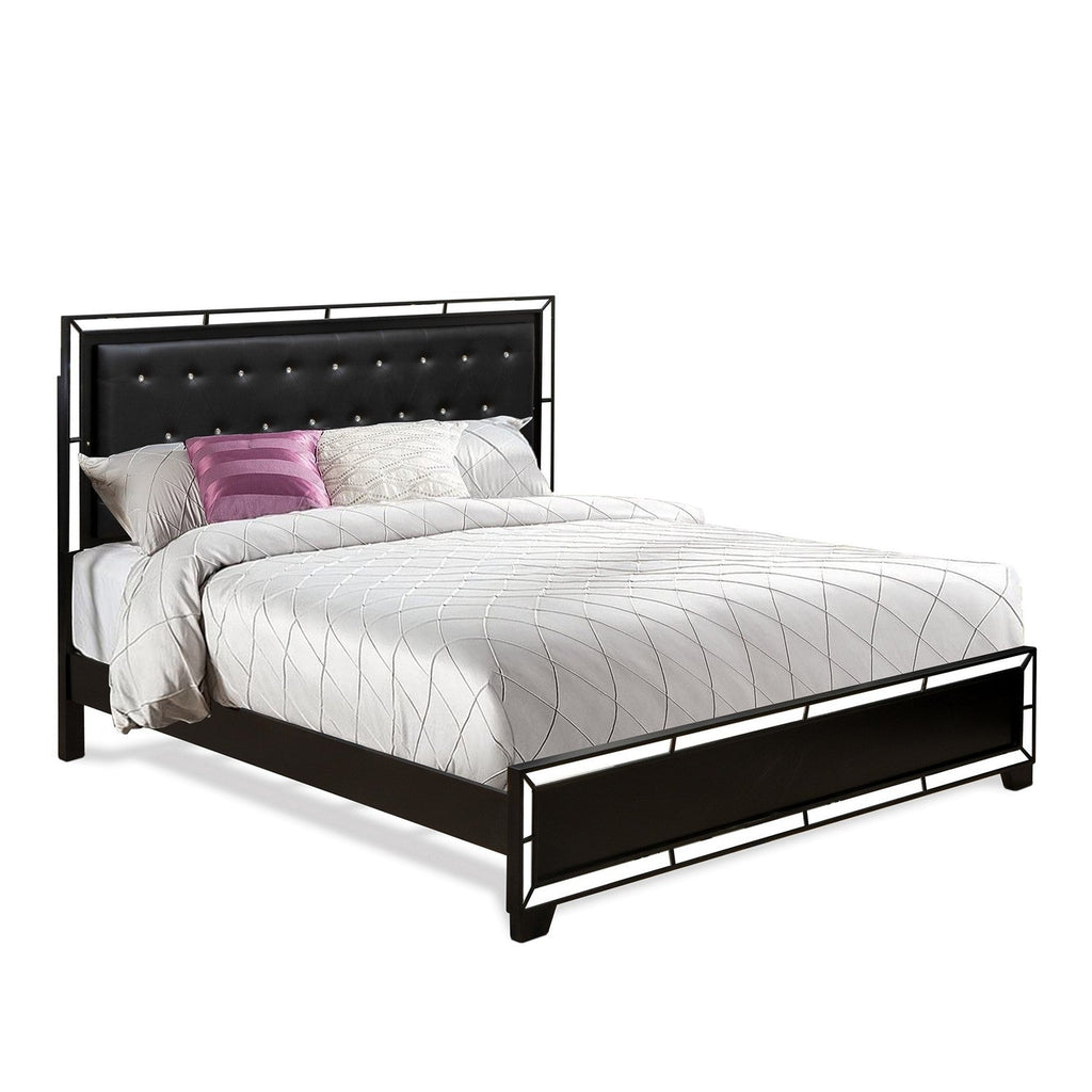 East West Furniture NE11-K0000C 2-Pc Nella Wooden Set for Bedroom with a Button Tufted King Size Bed Frame and Small Chest of Drawers - Black Leather Head Board and Black Legs