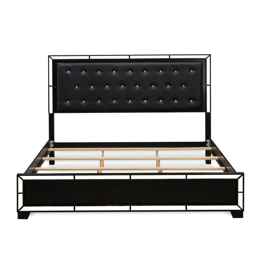 East West Furniture NE11-K0000C 2-Pc Nella Wooden Set for Bedroom with a Button Tufted King Size Bed Frame and Small Chest of Drawers - Black Leather Head Board and Black Legs