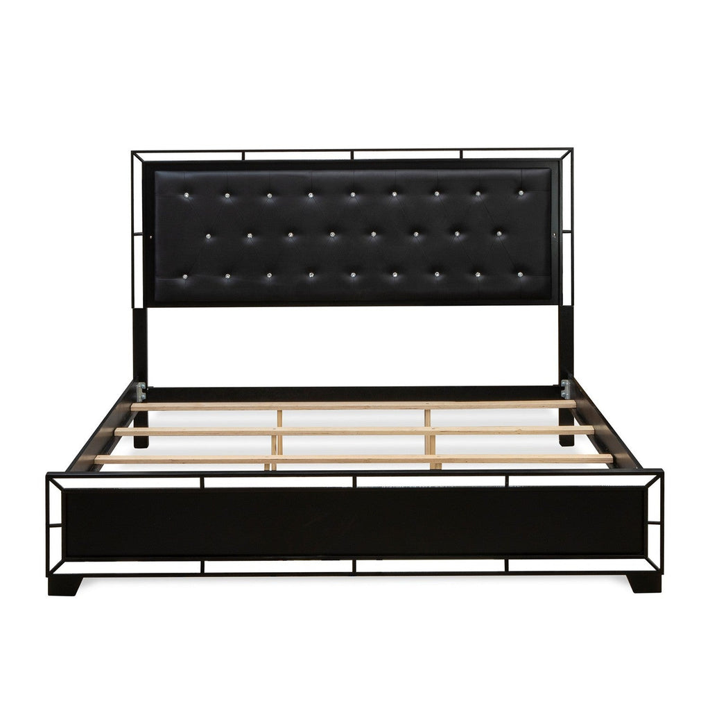 NE11-K1N000 2-Piece Nella King Size Bedroom Set with a Button Tufted King Size Frame and Night Stand for Bedroom - Black Leather Headboard and Black Legs