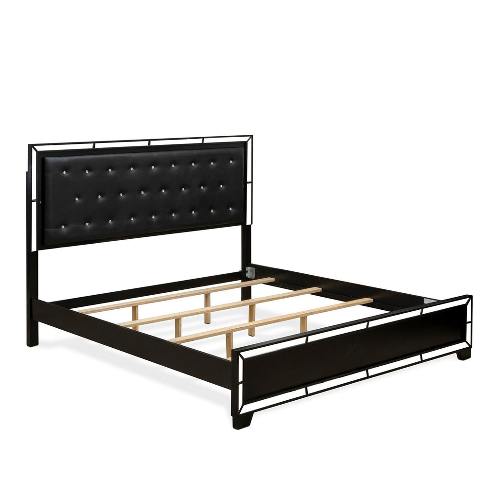 NE11-K2N00C 4-PC Nella King Size Bed Set with a Button Tufted Platform Bed, Wood Chest and 2 Mid Century Nightstands - Black Leather Headboard and Black Legs