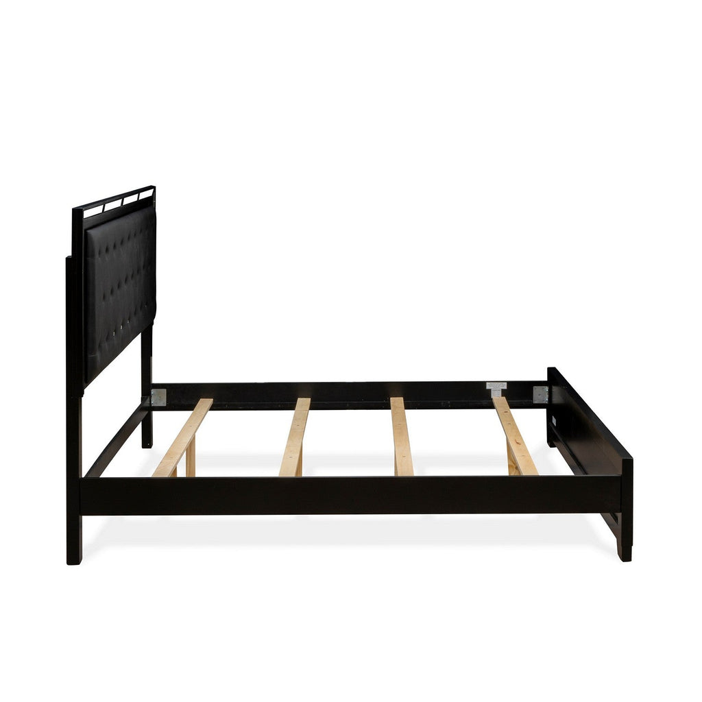 NE11-K2N00C 4-PC Nella King Size Bed Set with a Button Tufted Platform Bed, Wood Chest and 2 Mid Century Nightstands - Black Leather Headboard and Black Legs