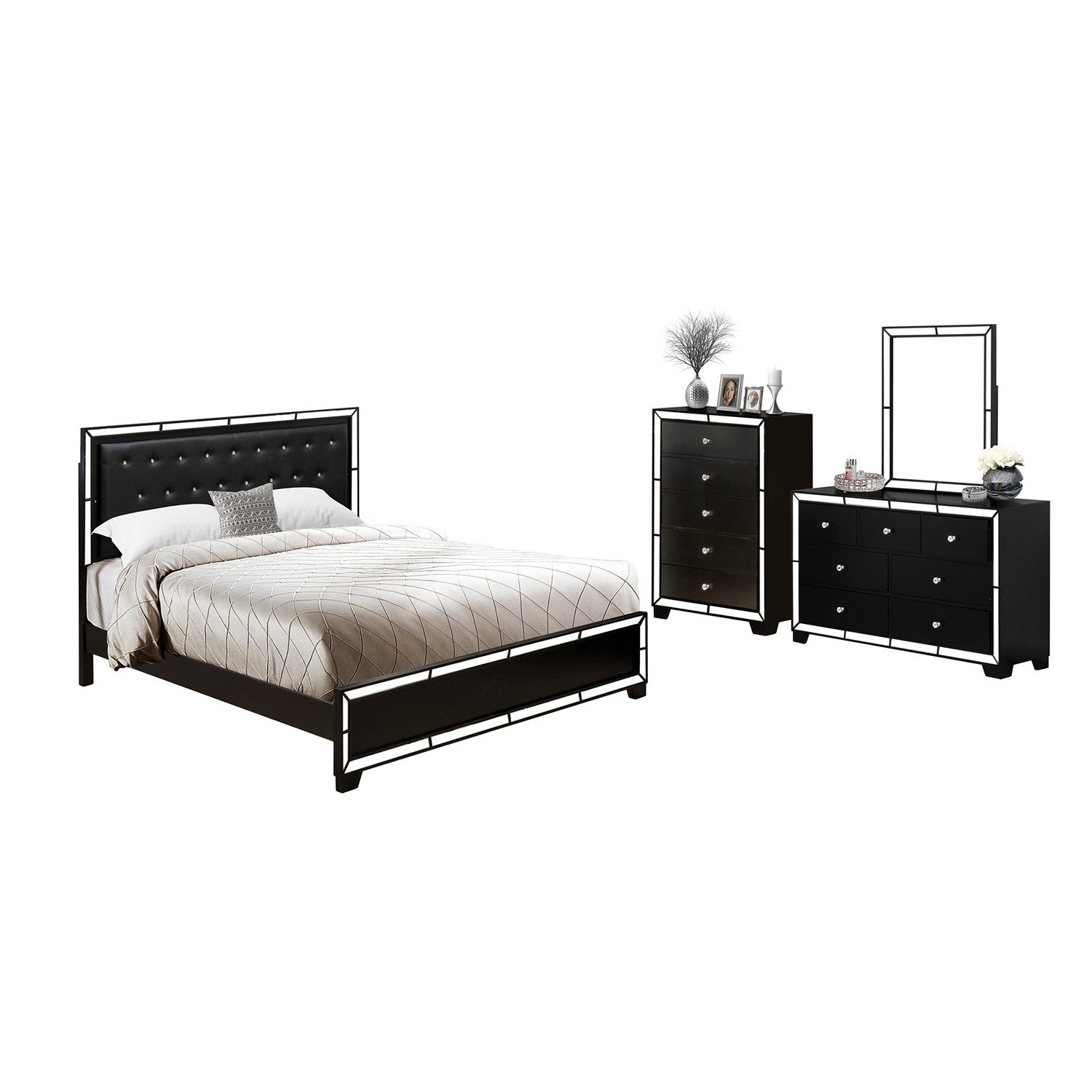 East West Furniture NE11-K00DMC 4-Piece Nella Bedroom Furniture Set with Button Tufted Bed Frame, Dresser Bedroom, Makeup Mirror, Chest for Bedroom - Black faux Leather King Headboard and Black Legs