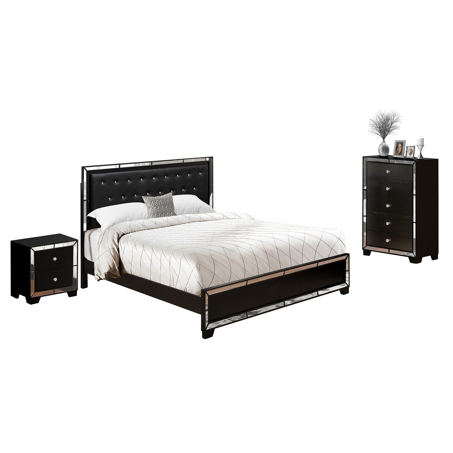 East West Furniture NE11-K1N00C 3-PC Nella Wooden Set for Bedroom with Button Tufted Wood Bed Frame, Drawer Chest and End Table - Black faux Leather King Headboard and Black Legs