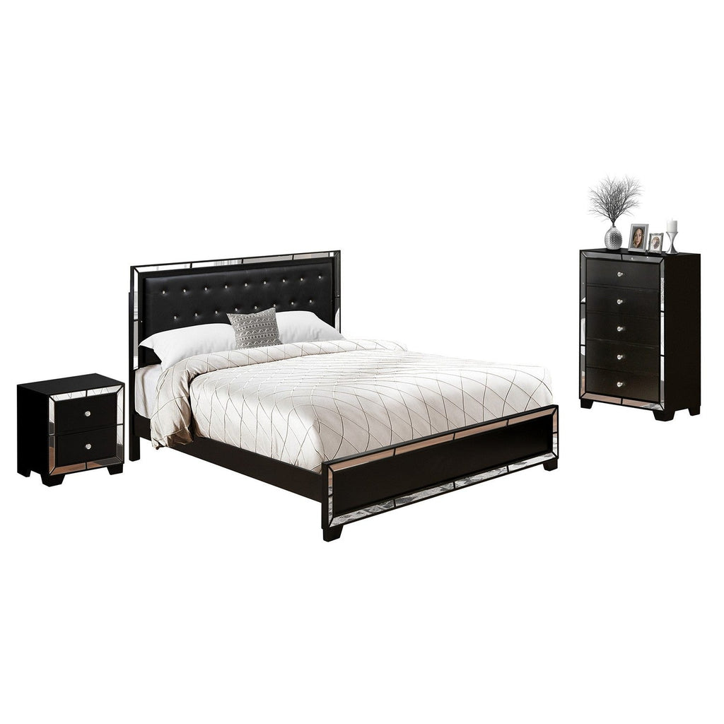 NE11-K1N00C 3-PC Nella Wooden Set for Bedroom with Button Tufted Wood Bed Frame, Drawer Chest and End Table - Black Leather King Headboard and Black Legs