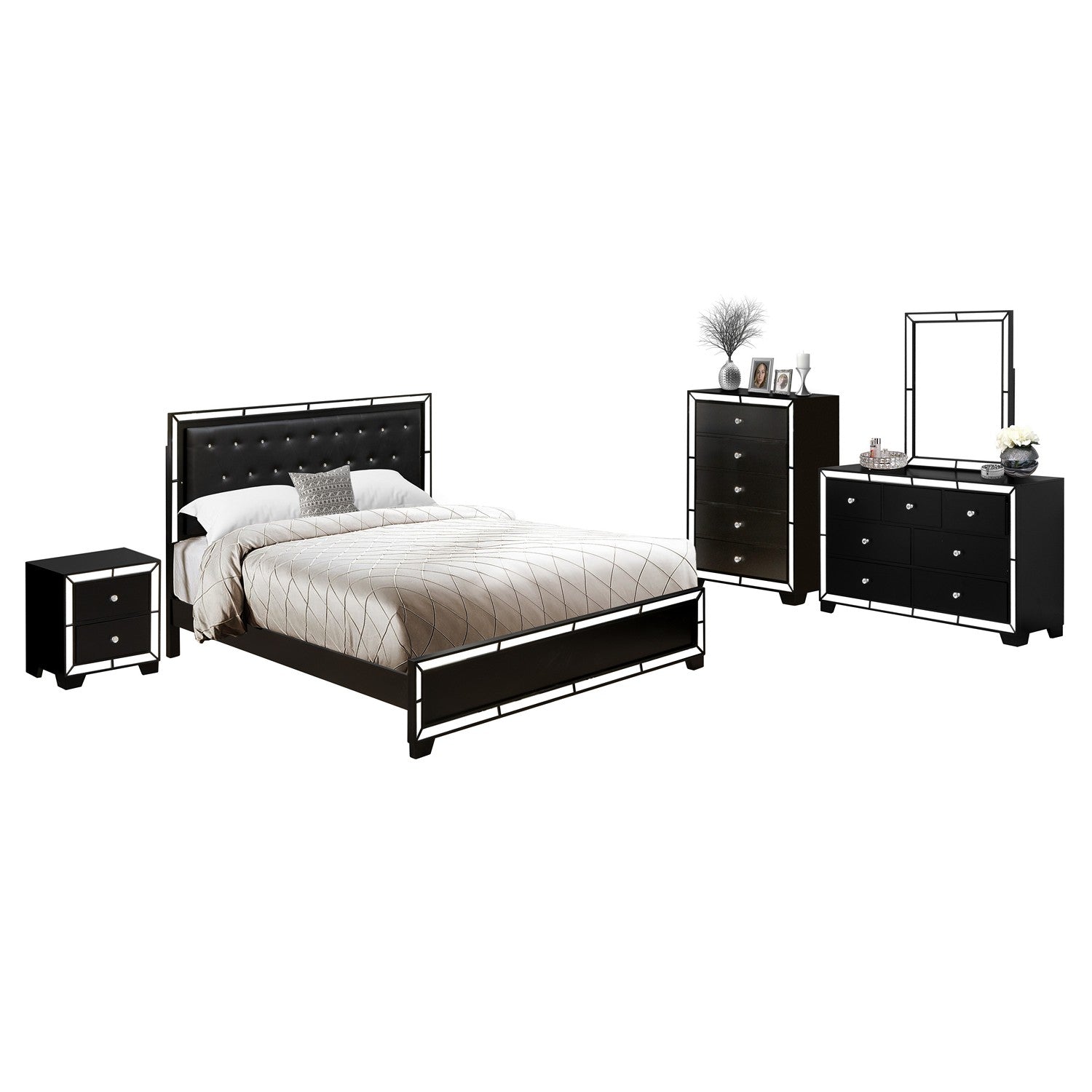 East West Furniture NE11-K1NDMC 5-PC Nella Bedroom Set with a Button Tufted King Bed, Drawer Dresser, Mirror Bedroom, Chest of Drawers and a Night Stand - Black faux Leather Head board and Black Legs