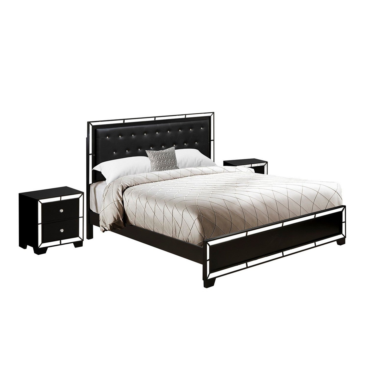 East West Furniture NE11-K2N000 3-Piece Nella Bed Set with Button Tufted King Size Bed and 2 Night Stands for Bedrooms - Black faux Leather King Headboard and Black Legs
