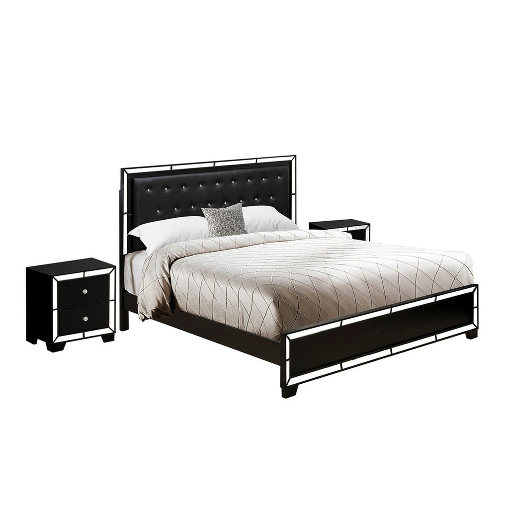 NE11-K2N000 3-Piece Nella Bed Set with Button Tufted King Size Bed and 2 Night Stands for Bedrooms - Black Leather King Headboard and Black Legs