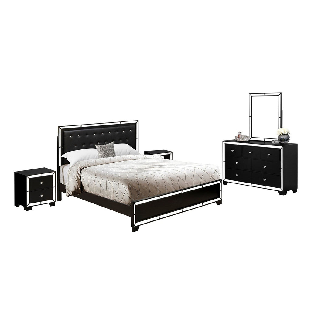 NE11-K2NDM0 5-PC Nella King Bedroom Set with a Button Tufted Upholstered Bed, Dresser Bedroom, Room Mirror, and 2 Modern Nightstands - Black Leather Headboard and Black Legs