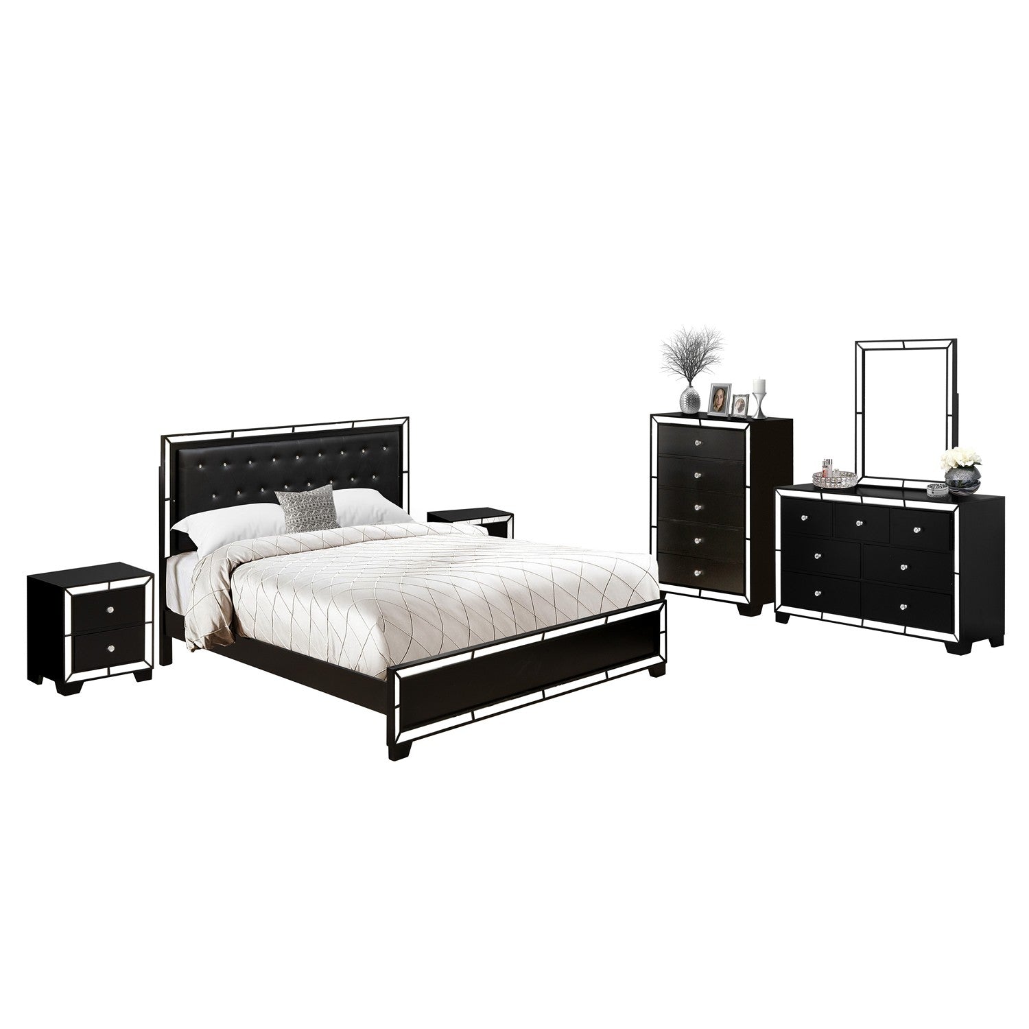 East West Furniture NE11-K2NDMC 6-PC Nella Frame Set with a Button Tufted King Frame, Wood Dresser, Makeup Mirror, Drawer Chest and 2 Nightstands - Black faux Leather King Headboard and Black Legs