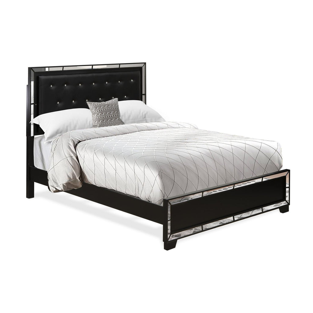 NE11-Q2NDMC 6-PC Nella Queen Bed Set with Button Tufted Queen Size Bed Frame, Dresser, Large Mirror, Small Chest of Drawers and 2 End Tables - Black Leather Headboard and Legs