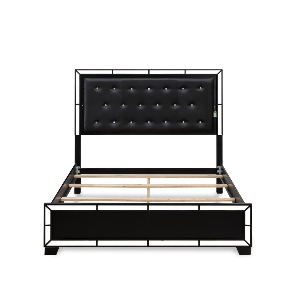 NE11-Q1NDM0 4-Pc Wooden Set for Bedroom with Button Tufted Queen Size Platform Bed, Dresser Wood, Make up Mirror and Mid Century Nightstand - Black Leather Headboard and Black legs