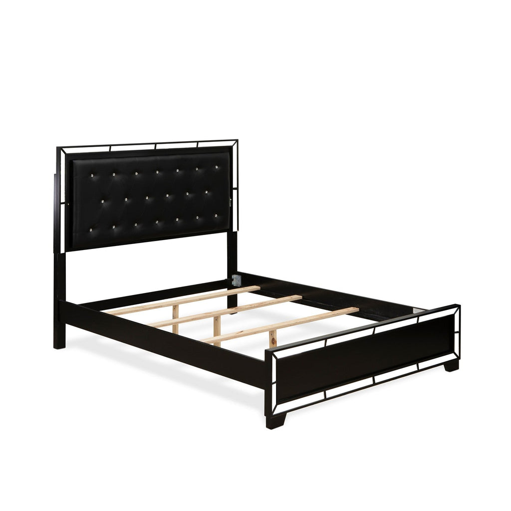 NE11-Q00DMC 4-PC Nella Modern Bedroom Set with Button Tufted Bed Frame - Dresser Wood, Mirror Bedroom and Chest of Drawers - Black Leather Headboard and Black Legs