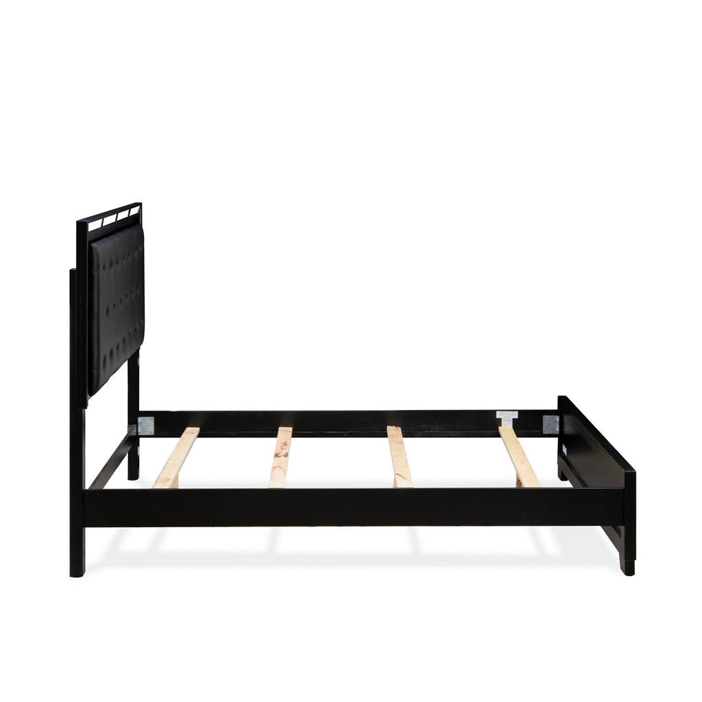 NE11-Q00DMC 4-PC Nella Modern Bedroom Set with Button Tufted Bed Frame - Dresser Wood, Mirror Bedroom and Chest of Drawers - Black Leather Headboard and Black Legs