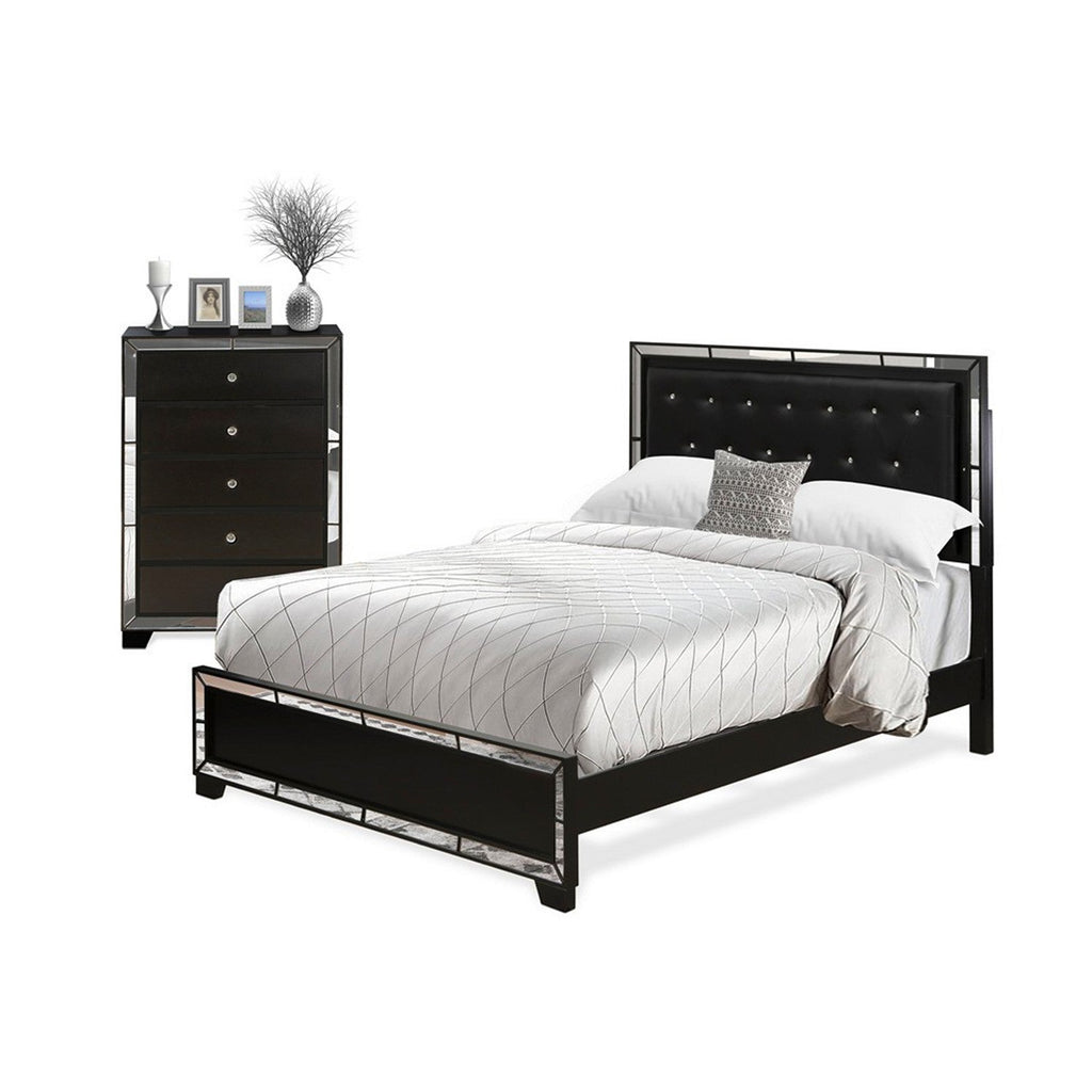 NE11-Q0000C 2-Piece Nella Bedroom Set with Button Tufted Queen Bedframe and Chester Drawers - Black Leather Upholstered Headboard and Black Legs
