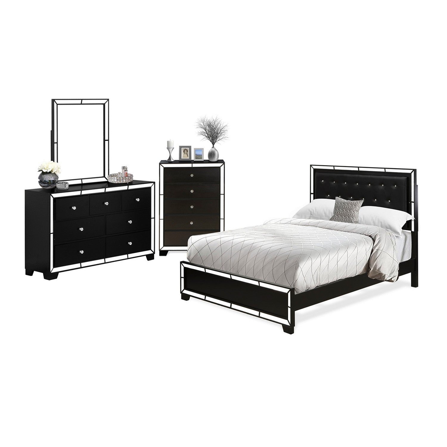 East West Furniture NE11-Q00DMC 4-PC Nella Modern Bedroom Set with Button Tufted Bed Frame - Dresser Wood, Mirror Bedroom and Chest of Drawers - Black faux Leather Headboard and Black Legs