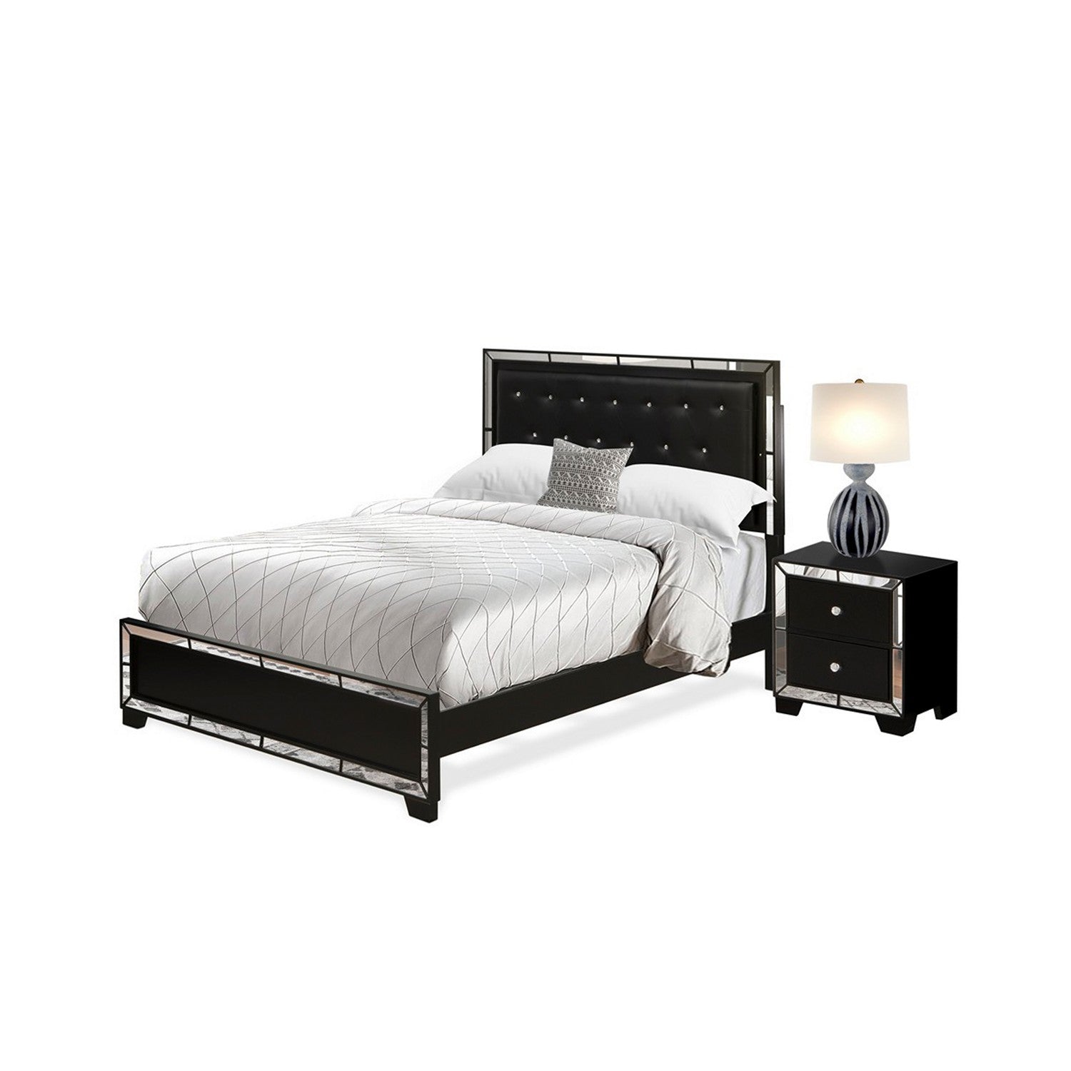 East West Furniture NE11-Q1N000 2-PC Nella Wooden Set Bedroom with Button Tufted Queen Bed and Small Nightstand - Black faux Leather Headboard and Black legs